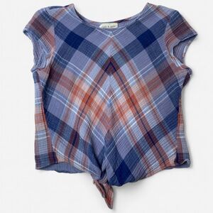 Cloth & Stone Blue & Orange Plaid Tie-Front Short Sleeve Shirt Cotton Size XS